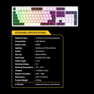 Ant Esports KM1610 LED Gaming Keyboard and Mouse Combo, 104 Keys Rainbow Backlit Keyboard and 7 Colour RGB Mouse for PC Laptop Xbox PS4 Gamers and Work, White