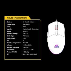 Ant Esports KM1610 LED Gaming Keyboard and Mouse Combo, 104 Keys Rainbow Backlit Keyboard and 7 Colour RGB Mouse for PC Laptop Xbox PS4 Gamers and Work, White