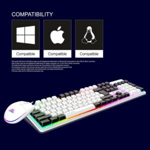Ant Esports KM1610 LED Gaming Keyboard and Mouse Combo, 104 Keys Rainbow Backlit Keyboard and 7 Colour RGB Mouse for PC Laptop Xbox PS4 Gamers and Work, White