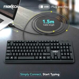 FRONTECH Wired Keyboard | Membrane Keys with Retractable Stands | USB Plug & Play | Ergonomic & Comfortable Design | 1 Year Warranty (FT-1672, Black)