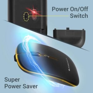 ZEBRONICS Blanc Slim Wireless Mouse with Rechargeable Battery, BT + 2.4GHz, 4 Buttons, 800/1200/1600 DPI, Silent Operation, Multicolor LED Lights