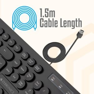 Zebronics K24 Wired USB Keyboard, 104 Keys, Long Life 8 Million Keystrokes, Silent & Comfortable Use, Slim Design, Retractable Stand, 1.5 Meter Textured Cable, UV Coated keycaps
