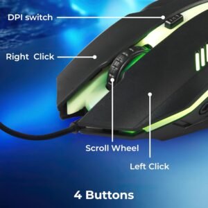 ZEBRONICS Uzi High Precision Wired Gaming Mouse with 4 Buttons, Rainbow LED Lights, DPI Switch with 800/1200/1600/2400 DPI, Plug & Play, 3 Million clicks, Lightweight Mouse