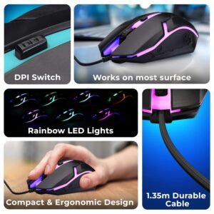 ZEBRONICS Uzi High Precision Wired Gaming Mouse with 4 Buttons, Rainbow LED Lights, DPI Switch with 800/1200/1600/2400 DPI, Plug & Play, 3 Million clicks, Lightweight Mouse
