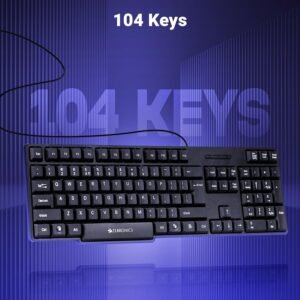 Zebronics Wired Keyboard with 104 Keys, 1.2m Cable, ₹ Key, USB Interface, UV-Coated Keys, Retractable Stand, USB Nano Receiver, for PC, Laptop(K65, Black)